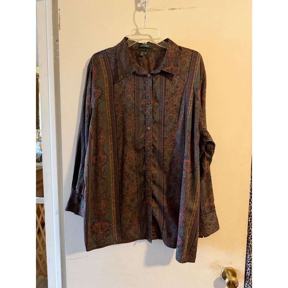 Lauren Ralph Lauren 3X Paisley Stripe Cotton Button Down Shirt Brown Green Multi